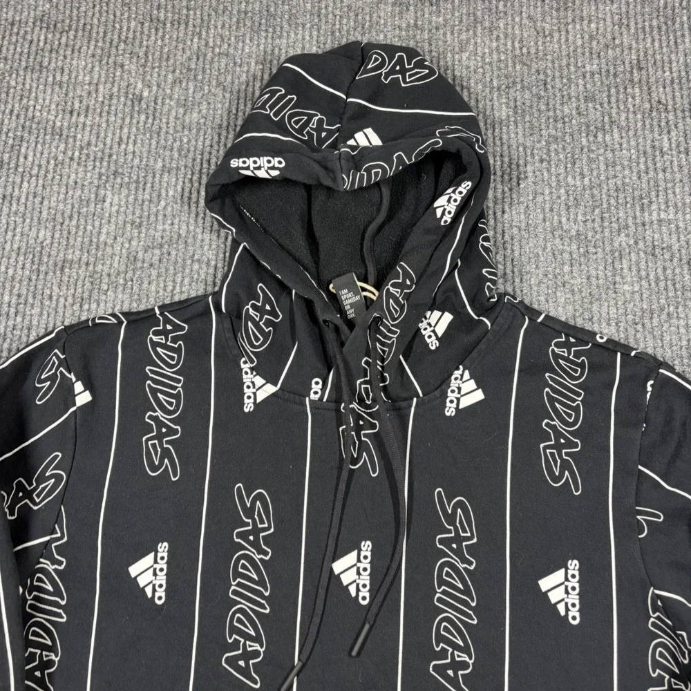 Adidas Hoodie Mens M Black White All Over Print Logo Pinstripe Sweatshirt